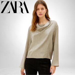 ZARA Draped Cowl Neck Flutter Sleeves Loose Fitting Checkered Boxy Top Sz Medium